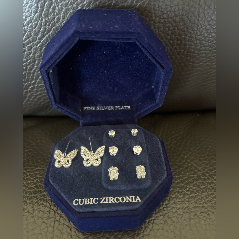 Cubic Zirconia Silver-Plated Butterfly & Stud Earring Set